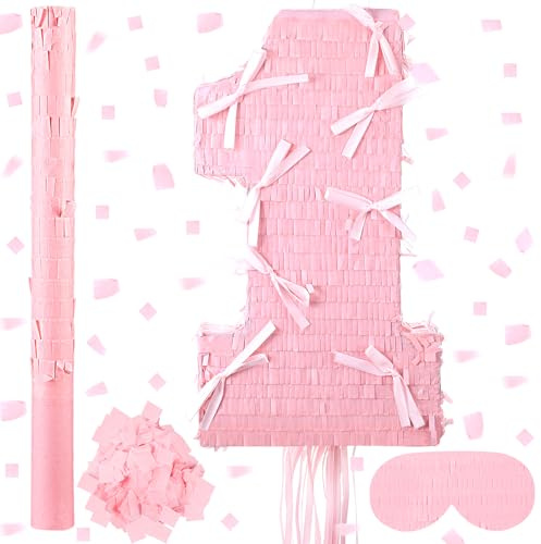 Feifeiya 1st Coquette Pink Bow Piñata Number 1 Pink Girls Party Piñata Bundle with a Blindfold, Bat and Confetti Birthday Coquette Party Supplies
