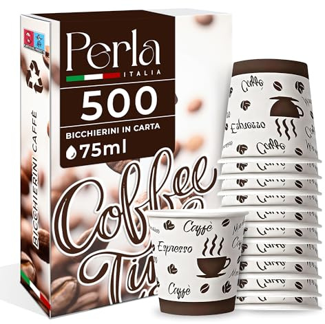 Perla - 500 Bicchierini Caffe Carta 75ml - Bicchieri Caffè Monouso Biodegradabili - Bicchierini da Caffè Usa e Getta Ecosostenibili per Bevande Calde