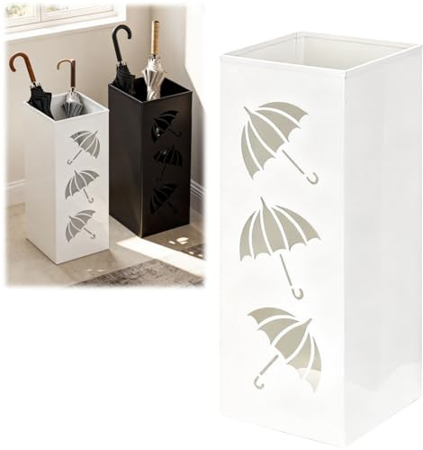 Umllpet Paragüero, paragüero de metal, paragüero cuadrado para decoración del hogar y la oficina, soporte para paraguas para paraguas, bastones, papel de embalaje, bastones de trekking (blanco)