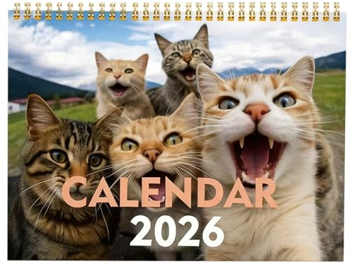 Calendario de Selfies de Gatos 2026, Calendario de Pared Mensual con Selfies de Gatos y Amigos, Planificador de Pared de 12 Meses para Oficinas en Casa