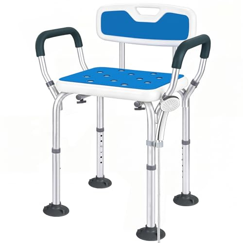FREEAMG Duschstuhl für Senioren mit Abnehmbarem Griff und Rückenlehne, Höhenverstellbar, Rutschfester Duschhocker aus Aluminium, Belastbar bis 136 kg, Geeignet für Senioren, Verletzte und Schwangere