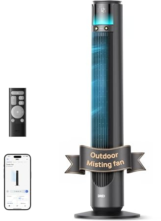 DREO TurboCool 711AS dimfläkt för utomhusbruk, 10 m/s, 12 nivåer, 4 lägen, smart stående fläkt, 150° oscillation, tyst 20 dB, väderbeständig DC-motor, för utomhusbruk