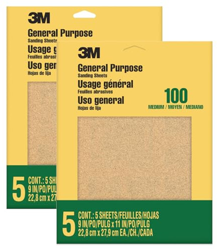 3M Sandpaper, 100 Grit, 5 Sheets, 9 in x 11 in, Sands Paint, Wood & Metal, Great for General Purpose Sanding, Medium Aluminum Oxide Sand Paper (9002NA-20), 2-Pack