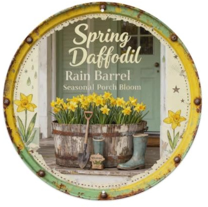 Spring Daffodil Rain Barrel Metal Tin Sign Plaque