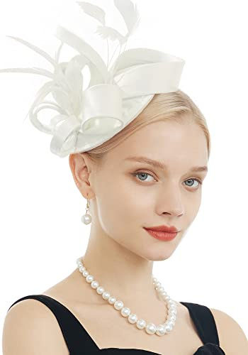 FELIZHOUSE Damen Fascinator Hüte für Feder-Tee-Party Kentucky Derby Hochzeit Kirche Hüte Braut Cocktail Fancy Stirnband Einheitsgröße # 1 Satin Creme Weiß