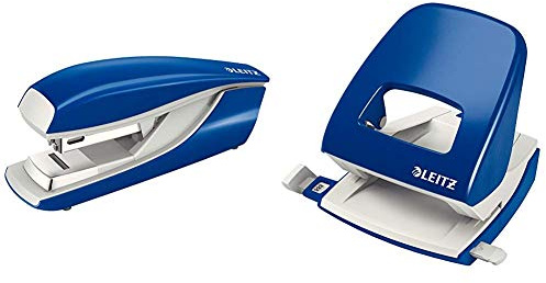Leitz 55050035 Flach-Heftgerät (30 Blatt, Metall mit Kunststoffelementen, Inkl. Heftklammern, NeXXt) blau & 50080035 Locher (30 Blatt, Anschlagschiene mit Formatvorgaben, Metall, New NeXXt) blau