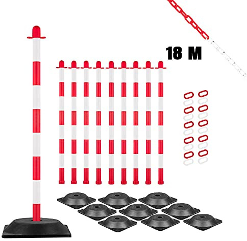 TMS PRO SHOP Kettenpfostenset UNI, Viereck, 10 Stück, rot/weiß, mit 18 m Kette aus Kunststoff, Art.-Nr. 608142 | Kettenpfosten | Absperrpfosten | Absperrkette