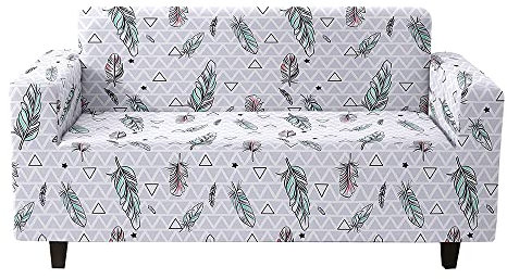 Hearda Stretch Sofabezug Sofahusse Spandex Elastische Sofa Sofaüberwurf Sesselhussen 1/2/3/4-Sitzer Couchbezug mit Anti-Rutsch-Schaumstoffe (Grüne Feder,4-Sitzer 230-300cm)