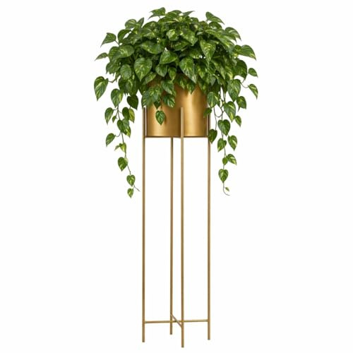 HowHomely Moderne Blumenständer Metall 95 cm Hoch mit Golden Blumentopf Rund 21 cm Ø auf Robuste Goldem Ständer - Pflanzenständer im Loft-Stil für die Innendekoration