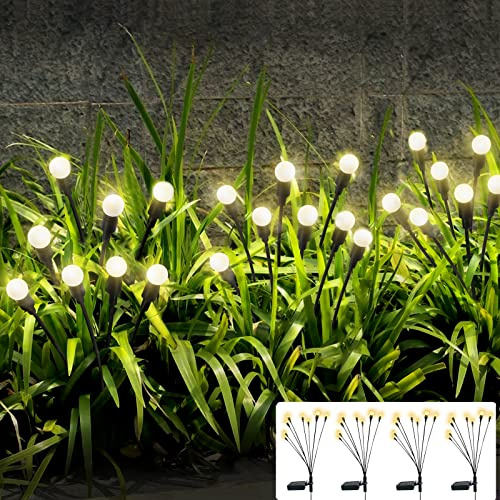 4PSC Solar Powered Firefly Lights Outdoor Waterproof, Solar Starburst Swaying Garden Lights, Swaying When Wind Blows Solar Garden Lights Outdoor Decorative String Lights (Warm | 8LED Bulbs-4PACK)