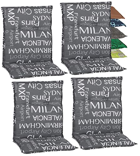 Beo Niedriglehner Auflagen 4er Set Barcelona | Made in EU nach Öko-Tex Standard | Waschbare Stuhlauflage Niedriglehner mit Halteband | Atmungsaktive Auflagen Niedriglehner mit Städtenamen in Grau