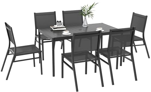 Outsunny 7 Piece Garden Dining Set, 6 Seater Garden Table and Chairs with Parasol Hole, Aluminium Top Table and Texteline Chairs, Outdoor Dining Furniture Set for Patio, Dark Grey