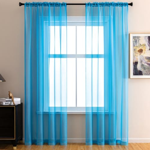 2er Set Transparent Vorhang Gardinen Wohnzimmer,Halbtransparent Vorhänge für Wohnzimmer, Moderne Gardine Voile Vorhangschals Ösenvorhang Dekoschal für Schlafzimmer Balkontür140x230cm blauer See