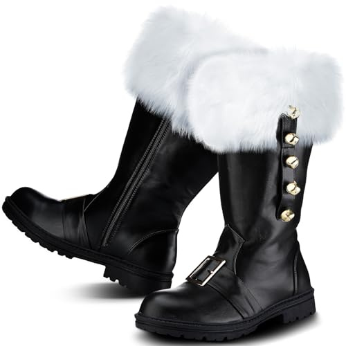 Liitrsh Christmas Santa Claus Boots Men's Wide Calf Santa Combat Boots with White Plush Cuffs Foot Bells Buckle Strap for Halloween Christmas Costume