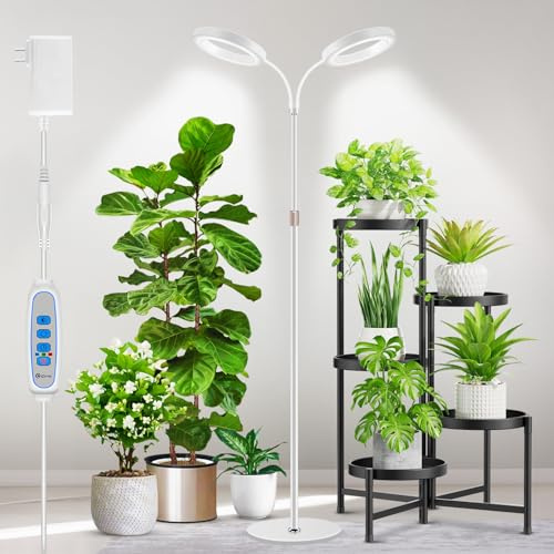 Aumtrly Large Plant Grow Light Indoor, 2 Head Full Spectrum, with 68 Stand | 168 LED, White Floor Growing Lamp for Tall Plant, 6/12/16H Timer, 5 Dimming, Adjustable Height, Flexible Gooseneck,Metal Base