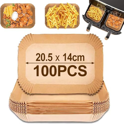 VIKKI 100 Stück Backpapier für Dual Zone Heißluftfritteuse, 20.5x14cm Airfryer Backpapier Kompatibel mit Ninja Food Dual Air Fryer AF300EU AF400EU, Princess und anderen Dual Zone Air Fryer Zubehör