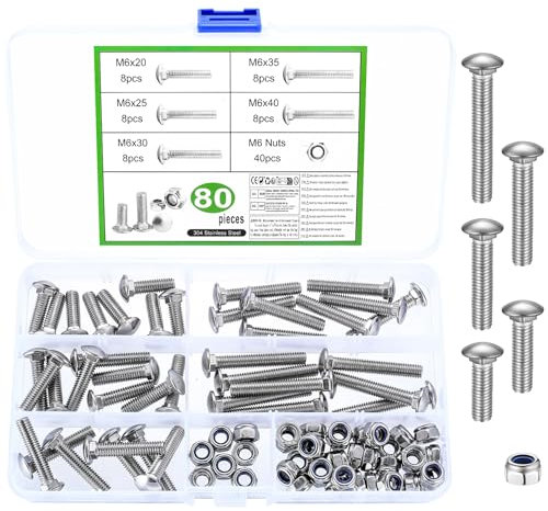 M6 Coach Bolts, 80 Pcs Cup Square Carriage Bolts and Nuts Set, Coach Screws with Hexagon Nuts, Stainless Steel Dome Head Bolts with Square Neck, M6 x 20mm/25mm/30mm/35mm/40mm