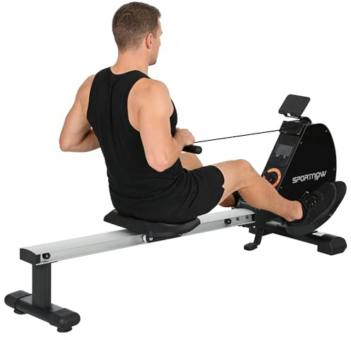 SPORTNOW Magnetic Rowing Machine for Home Use, Compact Folding Rower Machine with Dual Aluminium Slid Rail, 16 Resistances, LCD Monitor, Vertical Storage, for Cardio Training, 150kg Weight Capacity