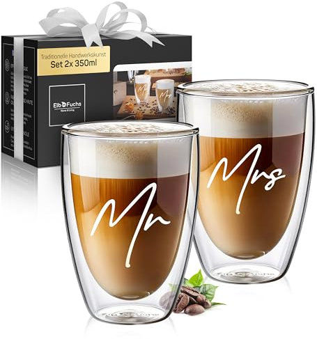 ElbFuchs® Verres latte macchiato à double paroi | MR & MRS | 2x 350ml | Idéal comme cadeau de mariage | Verres thermiques pour cappuccino, café ou thé