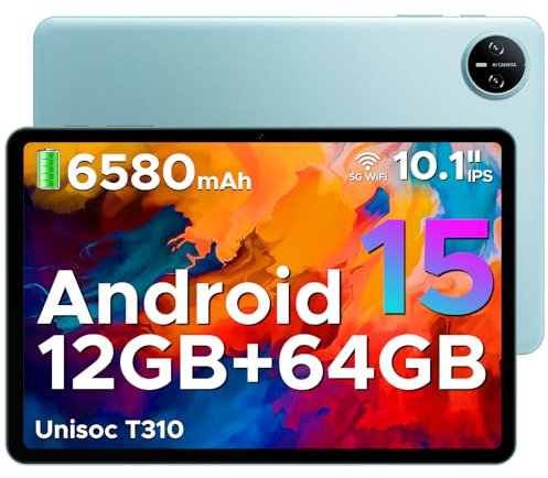 DOOGEE Tab A9 Android 15 Tablet 10 Inch(2025), Unisoc T310 Android Tablets 12GB RAM 64GB ROM(TF 2TB), 6580 mAh Battery, 5G WiFi|Dual Speaker|8MP AI Camera|Type-C|GMS|Bluetooth|Face ID|3.5mm Jack-Blue