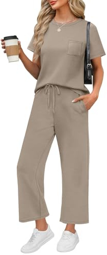 WIHOLL Workout Sets for Women 2 Piece Short Sleeve Summer Cruise Business Casual Outfits 2026 Going Out Two Piece Sets Women's Clothing Country Concert Crew Neck Tracksuits Coffee L