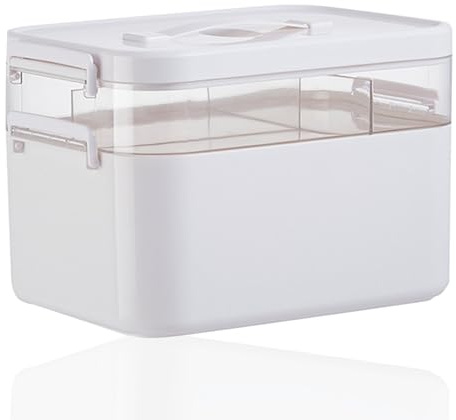 HIKENRI Medikamenten Aufbewahrung mit Deckel,Medizinbox Hausapotheke box mit Griff und herausnehmbarem Fach,Doppellagig Multifunción Aufbewahrungsbehälter Große Kapazität für Gadgets,Kosmetische(M)