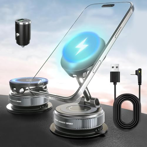 15W Wireless Charger Magnetic Maglock Phone Mount, Fast Charging Cell Phones Holder, Super Strong Vacuum Suction & Magnetic, Adjustable & Foldable 360 Degree Rotating Bracket for iPhone Mag Safe