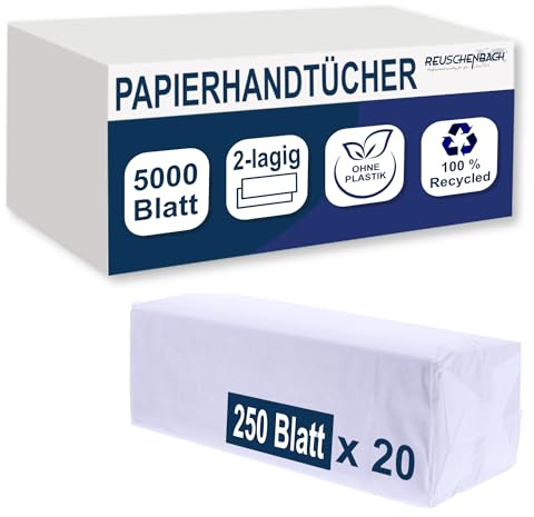 Reuschenbach Papierhandtücher 2-lagig, 100% Recycling, Zick-Zack-Falz, 5000 Blatt, 25x21 cm, braun, hygienische Falthandtücher aus Recyclingpapier