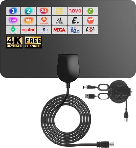 Amplificador Antena TV Interior de Película Ultrafina con Adhesivo Fuerte y Amplificador de Señal – Recepción de 360° para Canales Gratuitos – Cable Coaxial de 5 m