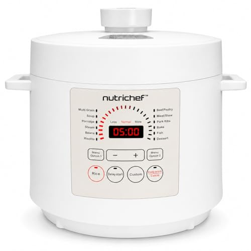 NutriChef Pentola a Pressione Elettrica 6 Litri, 1000 Watt Multicooker, Cuociriso, Slow Cooker, Vaporiera Elettrica, Acciaio Inox, LCD, Timer, Mantieni Caldo, Bianco