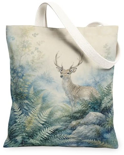 Deer Canvas Tote Bag, Nature Artistic Ferns Rocks Spring Green Grocery Bags 13x15 Inch, Green, 13x15 Inch
