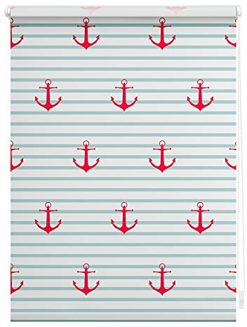 Lichtblick Klemmfix Verdunklungs-Rollo mit Motiv, ohne Bohren, Blickdicht, Seitenzugrollo, Made in Germany, Anker gestreift - Türkis Rot 120 cm x 150 cm (B x L)