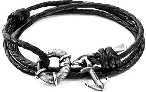 ANCHOR & CREW Kohle-Schwarzes Clyde Silber Und Geflochtenes Leder Ankerarmband - Mann - Einheitsgröße