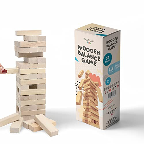 Bascuda Stapelturm Holz - Holzklötze Wackelturm Holz Stapelspiel - Familienspiel aus Holz mit 54 Teilen Geeignet ab 3 Jahren - 7 x 7 x 25 cm