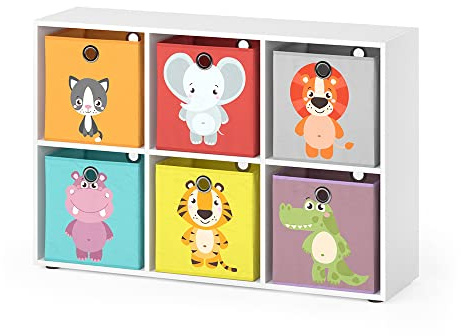 Vicco Kinderregal, Weiß, 72 x 107.8 cm | mit 6 farbigen Faltboxen, geeignet zur Aufbewahrung von Spielzeug und Büchern
