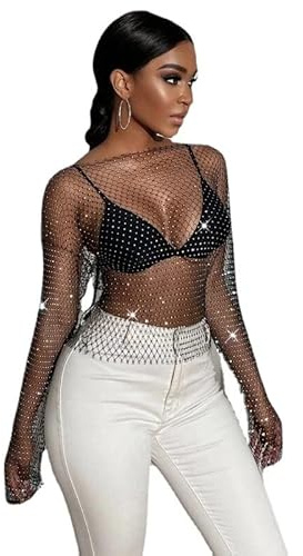 Dam genomskinlig långärmad nätblus toppar pärla strass glitter paljett t-shirt gnistrande klubbkläder, Svart, L