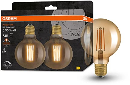 OSRAM 1906 Édition Vintage, E27-base, verre doré ,Blanc chaud (2400K), 725 Lumen, Remplacement de la traditionnelle 55W-Ampoules 2-Pack