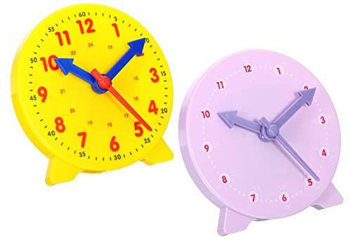 PATIKIL 4 inch Teaching Clock, 2 Pack Learn Clock Learning Tell Time Analog Clock Demonstration Clock 24 Hour 3 Pointers Geared Movement for Classroom Teacher, Yellow Purple