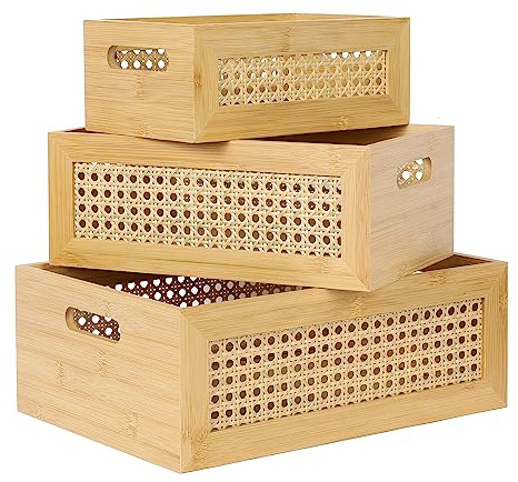 ANMINY Lot de 3 bacs de rangement en bambou naturel avec cadre en imitation rotin avec poignées pour bureau, tiroir, bureau, placard, étagère, boîte de rangement pour cuisine