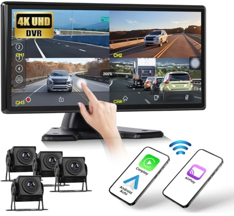 CAMECHO DVR backkamera bil, 4 kameror, set med 10,36 tums LCD-skärm, 4-kanalskärm, stöd för 4K loopinspelning, carplay android bil, FM Mirror Link Bluetooth och USB