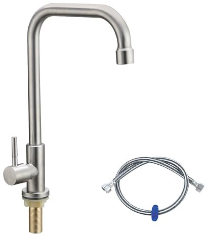Cold Water Only Faucet 1 Hole 7-Shape Kitchen Sink Taps with 360 Degree Swivel Spout Lead-Free Single Handle SUS304 Stainless Steel Deck Mount Sink Bar Tap with One 80CM Long Hose | Brushed Nickel