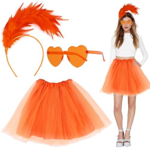 Cadimus Tüllrock Orange Damen,Orange Rock Damen mit Orange Feder Stirnband und Orange Herz Brille,Petticoat Orange,Tütü Damen Orange,Geeignet für Karneval, Maskeraden und Bühnenauftritte