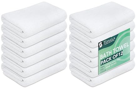 TOALLA 12 Pack White 100% Cotton Bath Towels, 20x40 Inches, Lightweight, Quick Drying, Commercial Grade, Gym, Salon, Spa & Hair