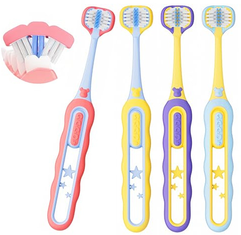 PANIMOSI Toddler Toothbrush 4 Pack, Soft Baby Toothbrush Efficient 3 Sided Kids Tooth Brush for Ages 1-12 Years, Infant Training Tooth Brush Complete Tooth and Gum Care, Easy to Grip(Patent)