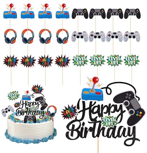 Fyfjur Jeu Vidéo Happy Birthday Decoration Gateau, 25 Pièces Decoration Gateau Anniversaire, Cupcake Muffin Deko Pour Fête de Jeux Vidéo
