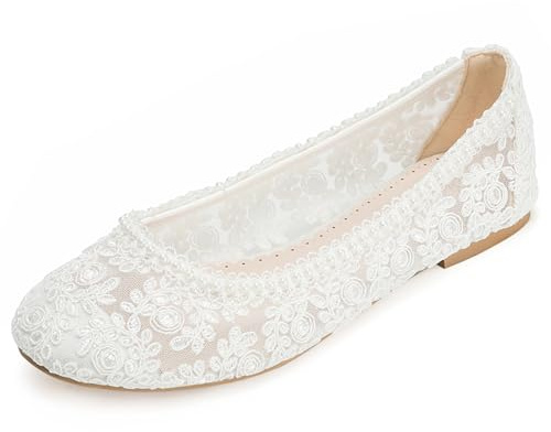 Bridaluxe 33120 Women’s Lace Pearl Flat Wedding Shoes Elegant Bridal Flats Comfortable Lace Bride Shoes