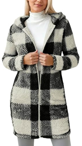 Générique Polaire Longue Réversible Capuche Veste Femme, Fermeture Éclair Motif Carreaux Manteau, Extérieur Hiver Confortable Intérieur Doux Blouson(Black, S)