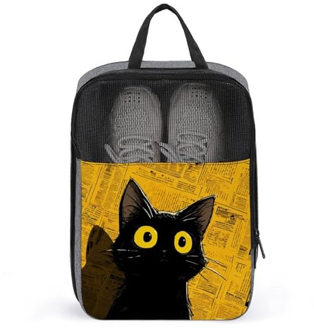Borsa porta scarpe da golf con gatto nero contro un giornale, per viaggi e uso quotidiano, anti-polvere, custodia per scarpe da golf