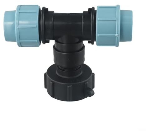 IBC - Conector adaptador de tanque S60 x 6 rosca gruesa a accesorios de polietileno de 20 mm, 25 mm, 32 mm, salida de plástico para manguera de jardín y sistemas de agua de lluvia (salida en T de 32