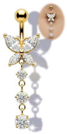 AceFun Navelpiercing, silver, guldpläterad, 925, 14G, 6 mm, 8 mm, 10 mm, 12 mm, 14 mm, piercing, fjäril, mage, rund zirkonia, långt hänge, piercingsmycken för kvinnor